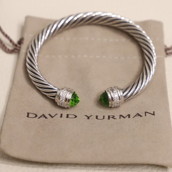 David Yurman Sterling Silver 7mm Classic Cable Bracelet Peridot with Diamonds - Picture 3 of 5